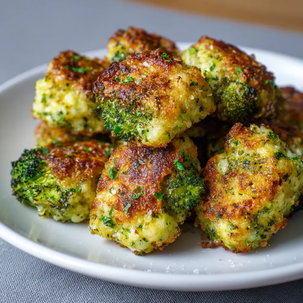 Golden baked broccoli .