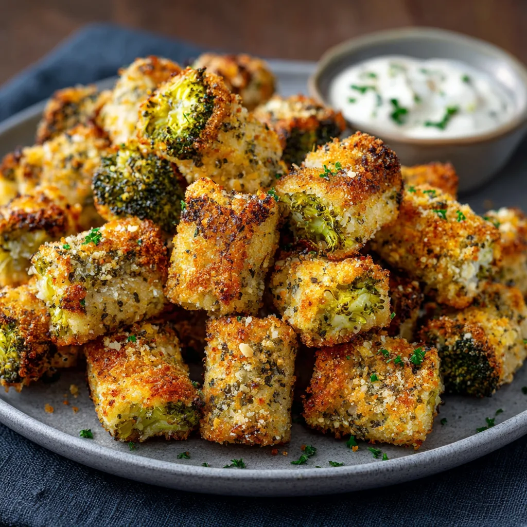 Golden baked broccoli .