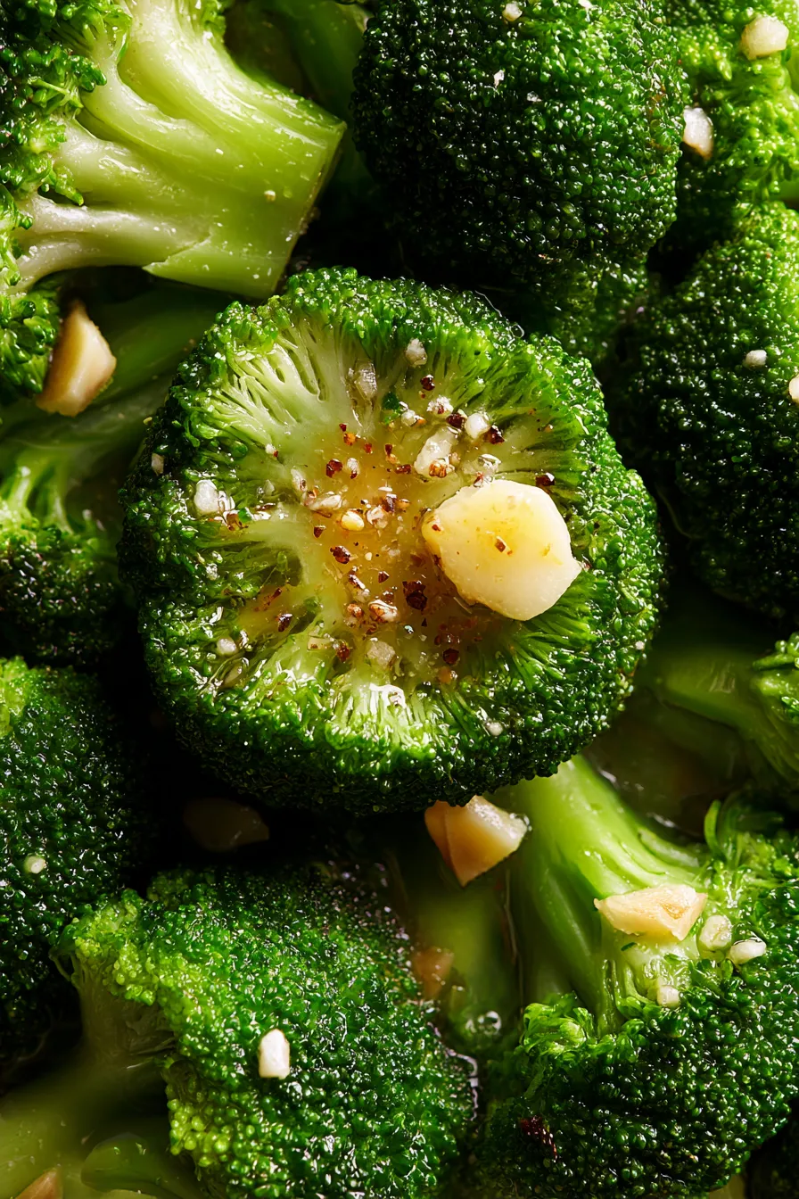 Steaming fresh broccoli overhead shot