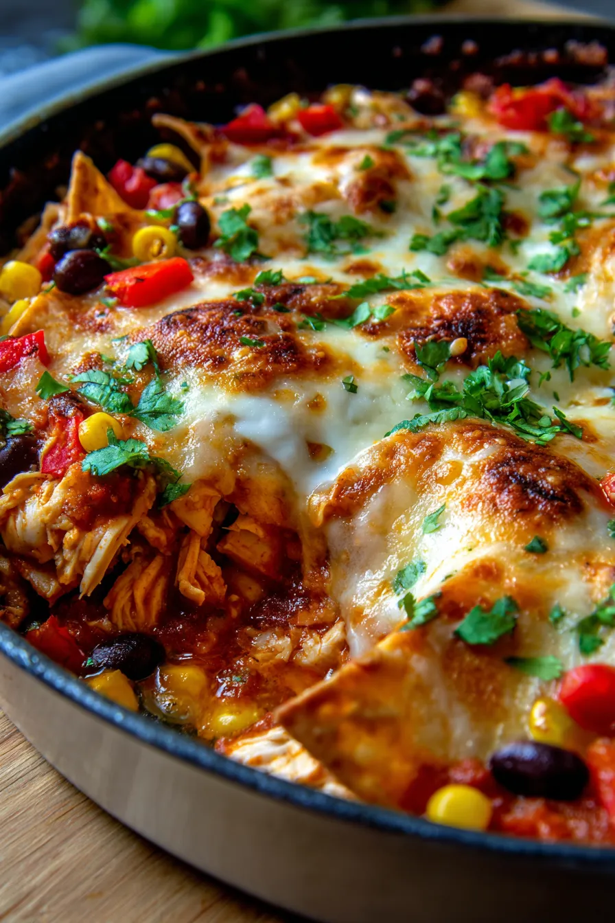 30-minute chicken enchilada skillet-serving-garnished