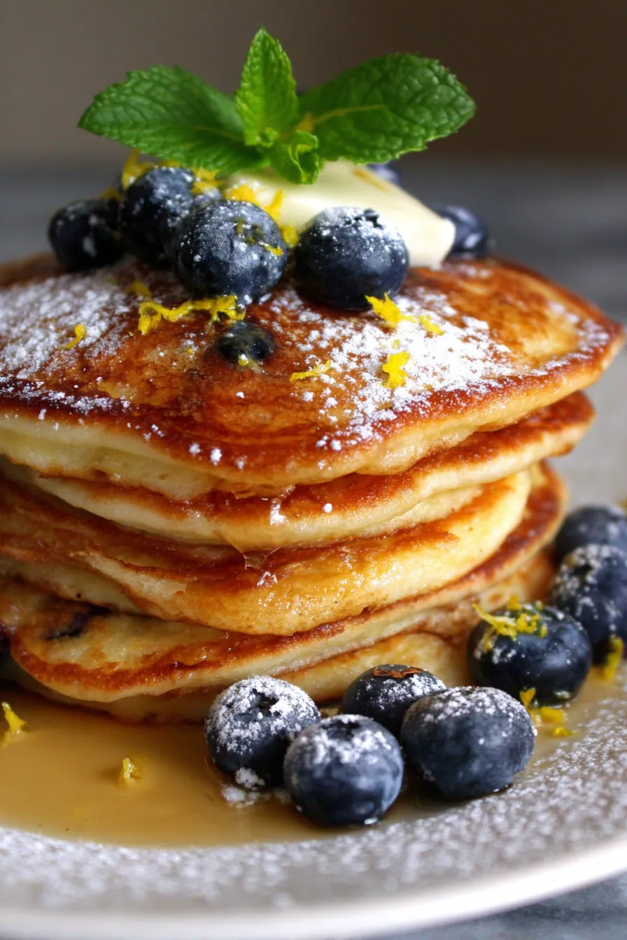 Blueberry Lemon Zest Pancakes - close-up - fluffy texture - lemon slices