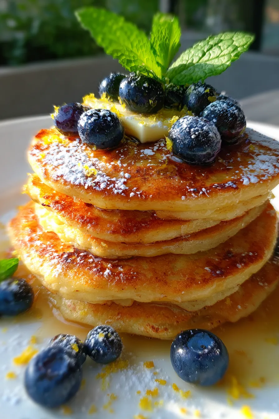 Blueberry Lemon Zest Pancakes - served - with whipped cream - mint garnish