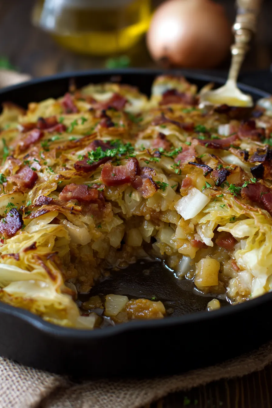 Cabbage and bacon sizzling in pan