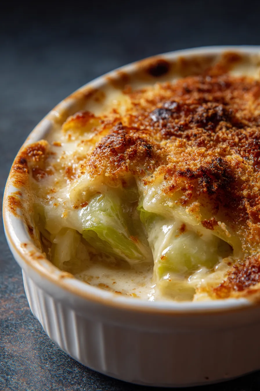 Cabbage gratin serving spoonful closeup