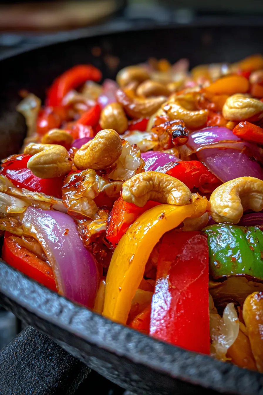 Cabbage Stir-Fry with Peppers & Cashews-texture-closeup