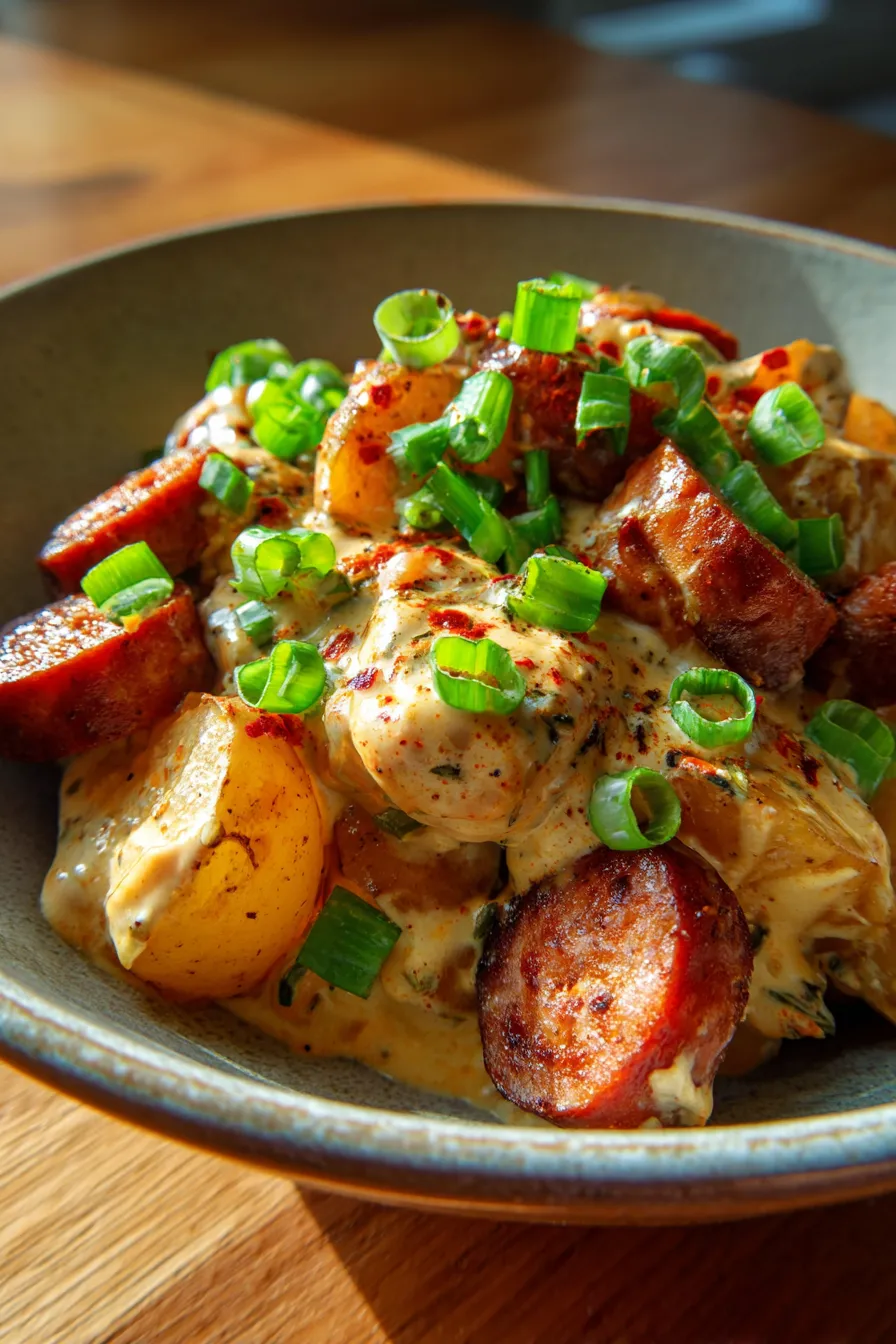 Cheesy Crockpot Ranch Potatoes with Smoked Sausage-texture-closeup