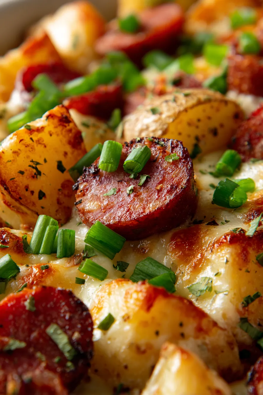 Cheesy Ranch Potatoes with Smoked Sausage golden brown close-up