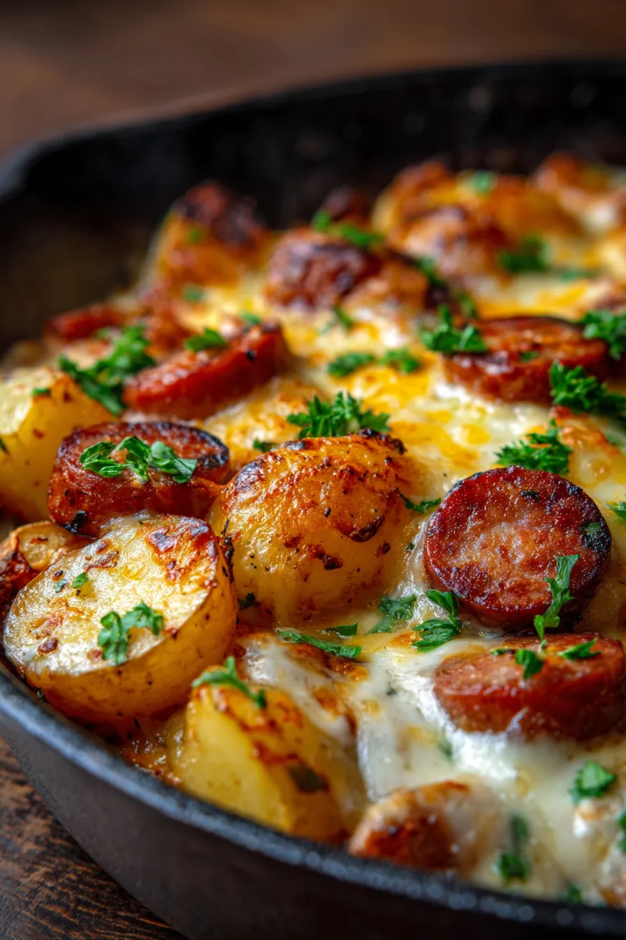 Cheesy Ranch Potatoes with Smoked Sausage Skillet-golden-brown