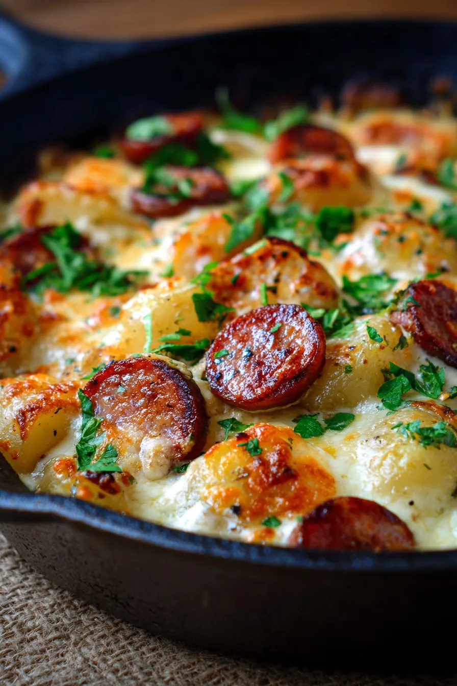 Cheesy Ranch Potatoes with Smoked Sausage Skillet-serving-tabletop