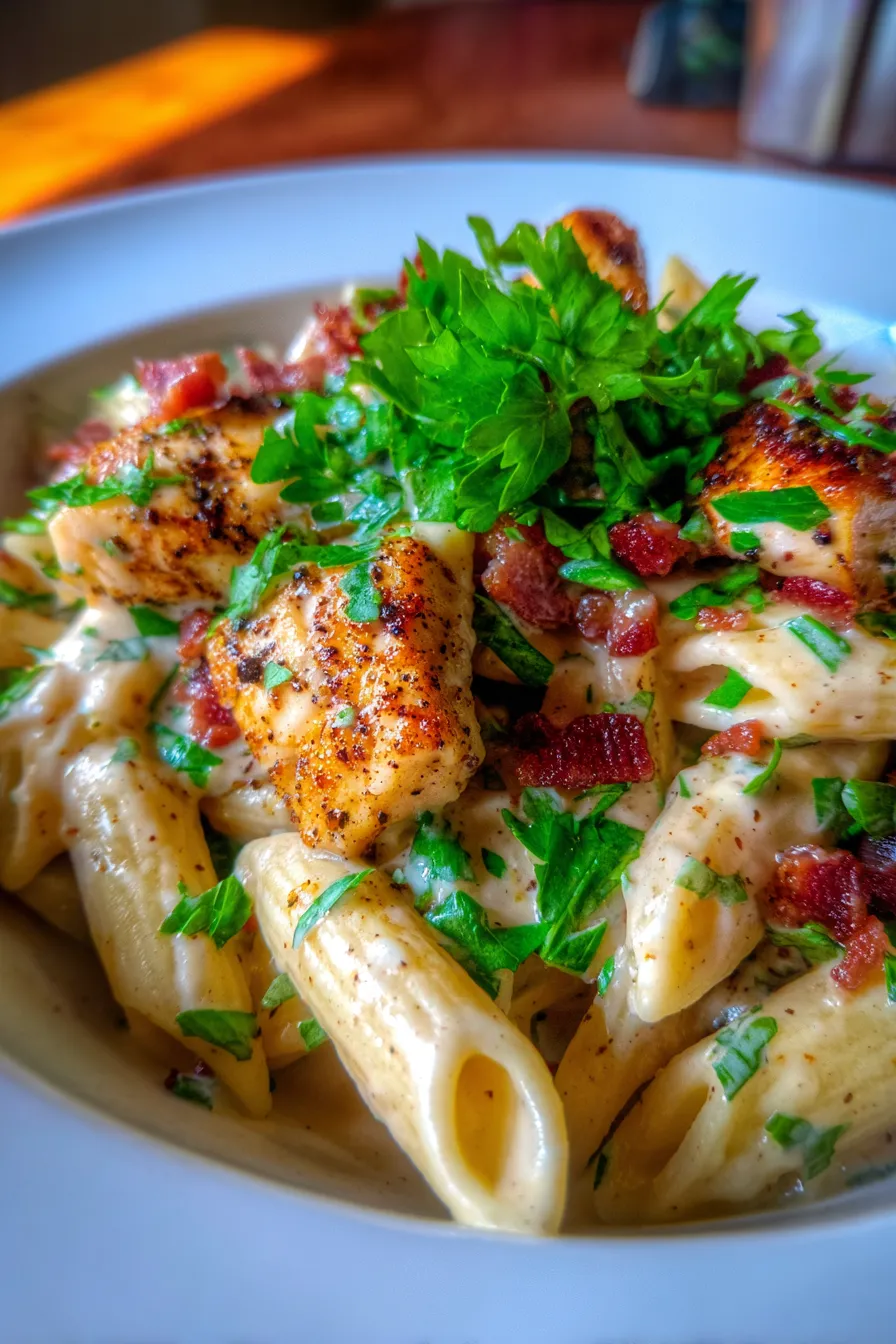 chicken bacon ranch pasta closeup texture