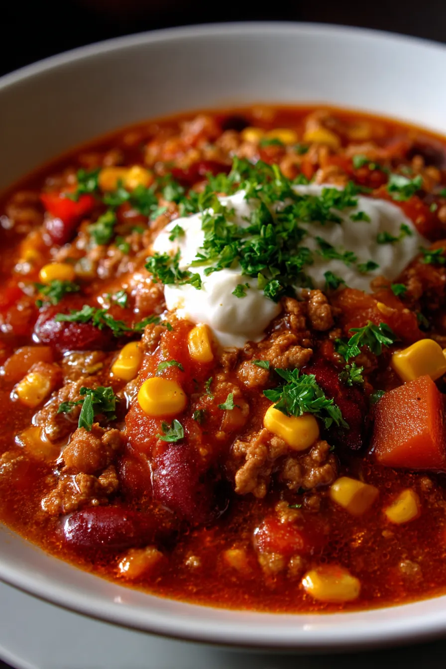 Chili Recipe Crockpot with Sweet Corn-served-bowl