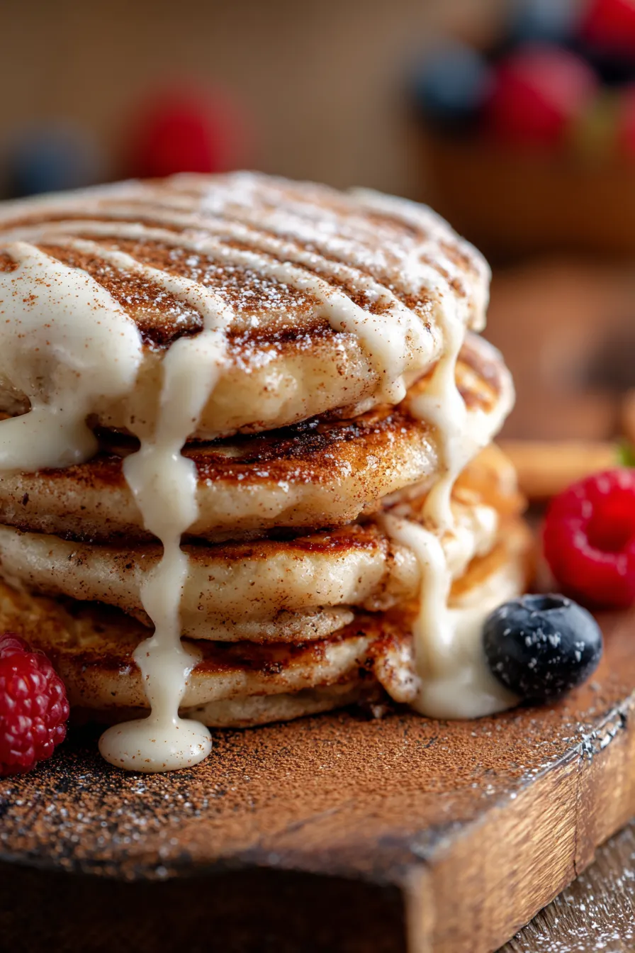 Cinnamon Roll Pancakes batter swirl closeup