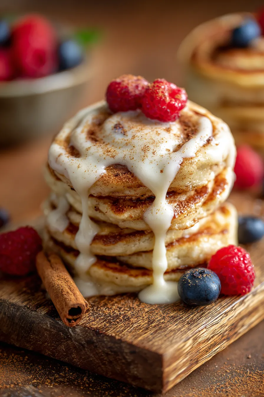 Cinnamon Roll Pancakes plated with fruit side view