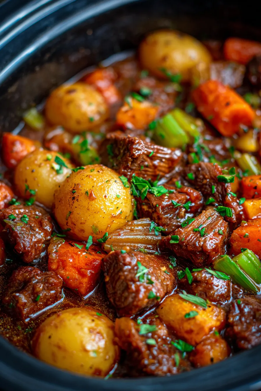 Classic Crock Pot Beef Stew ingredients prep station