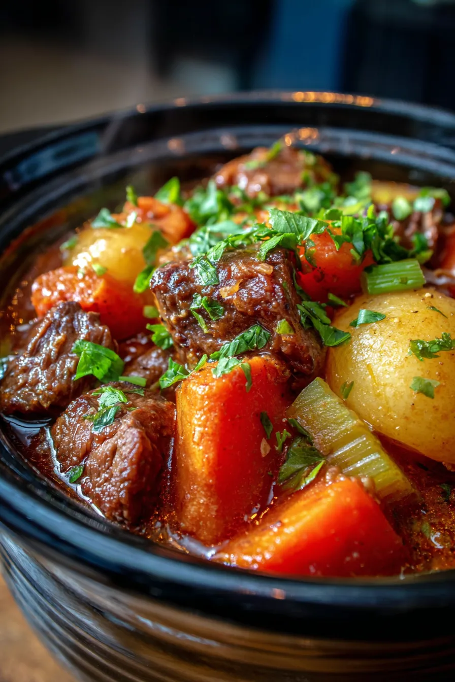 Classic Crock Pot Beef Stew with Vegetables in bowl closeup