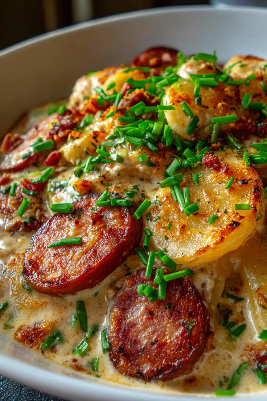 Creamy Crockpot Pierogi Casserole with Kielbasa-overhead-shot