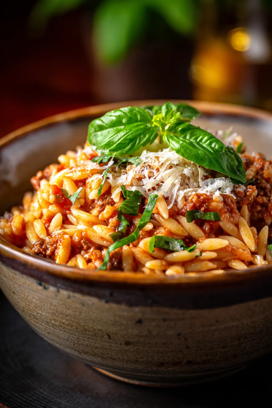 Creamy Ground Beef Orzo with Tomato Sauce-serving-garish