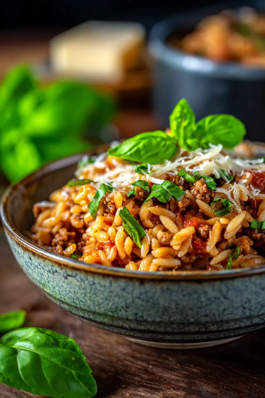 Creamy Ground Beef Orzo with Tomato Sauce-texture-closeup