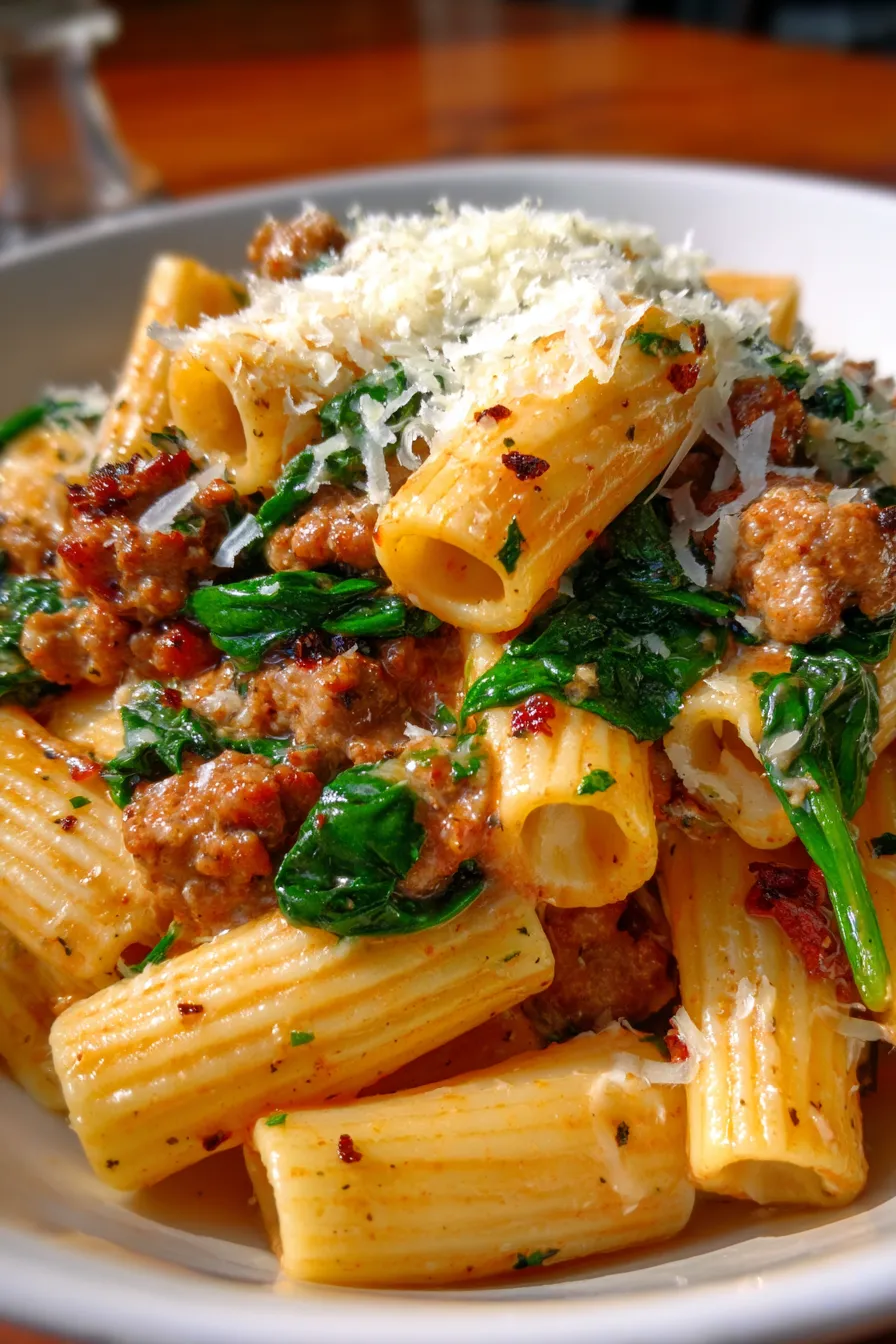 Creamy pasta with Italian sausage and wilted spinach in a bowl
