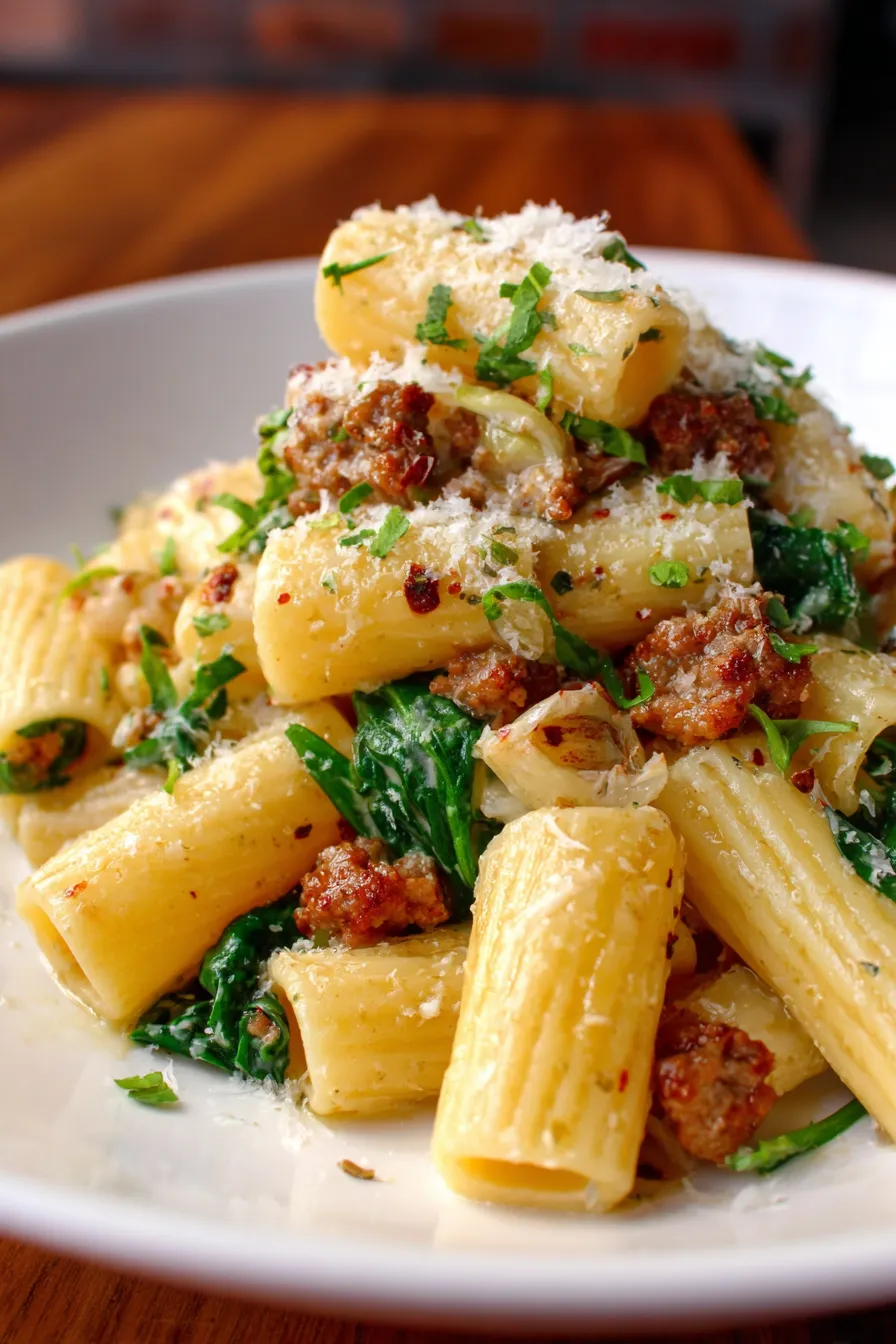 Creamy Sausage Rigatoni with Spinach and Garlic close-up texture