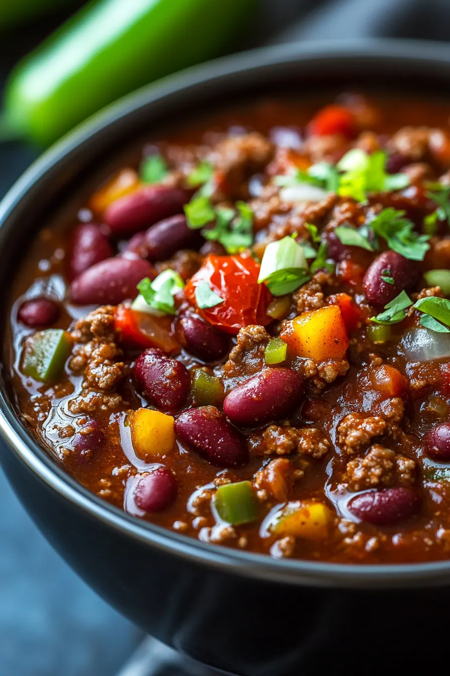 Crockpot Chili with Fire Roasted Tomatoes-closeup-texture-garnished
