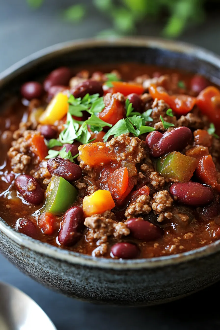 Crockpot Chili with Fire Roasted Tomatoes-serving-bowl-sour-cream-cilantro