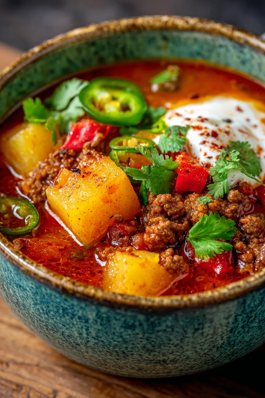 Crockpot Chili with Pineapple & Jalapeño-garnish-overhead