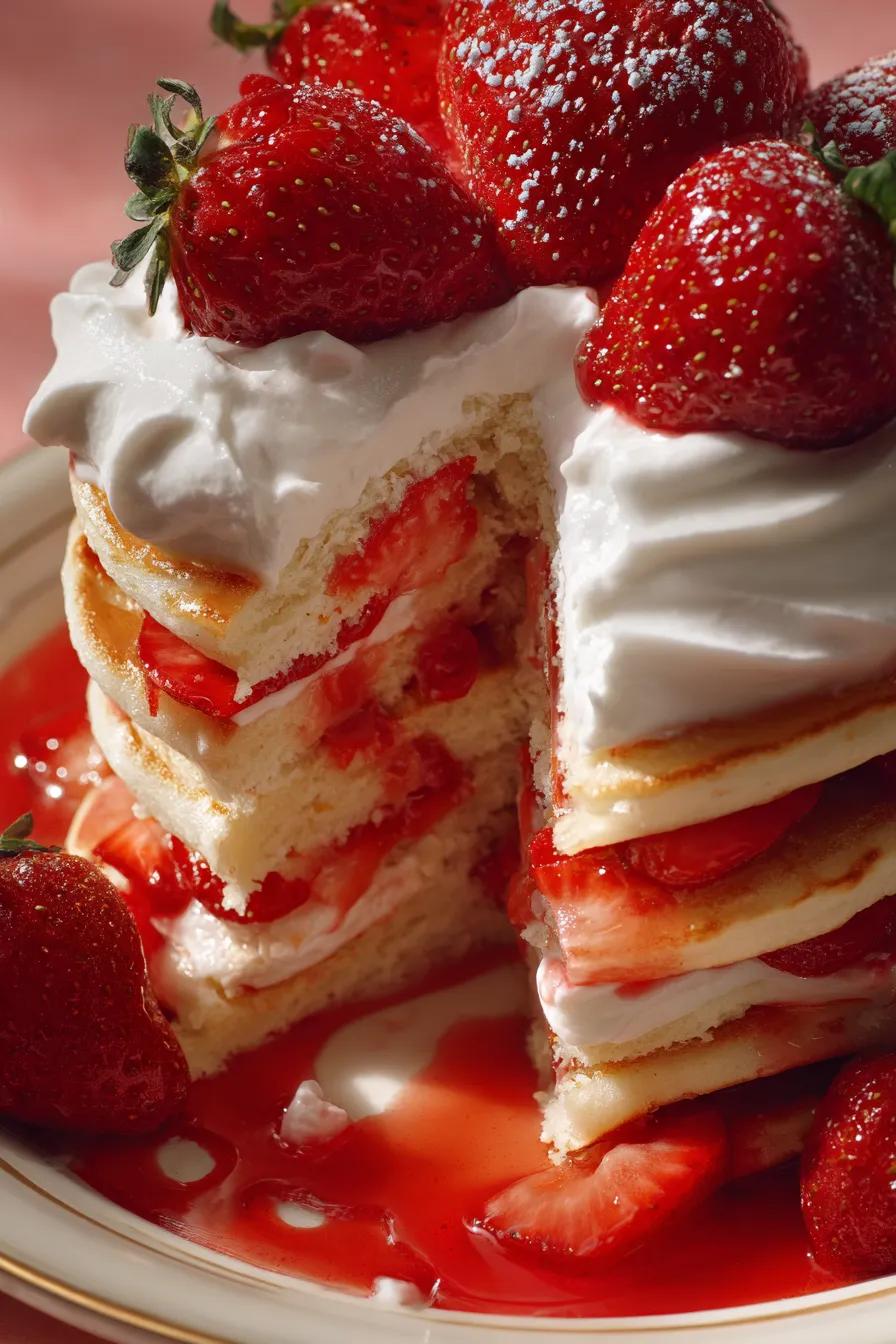 Finished Strawberry Shortcake Pancakes with syrup and berries