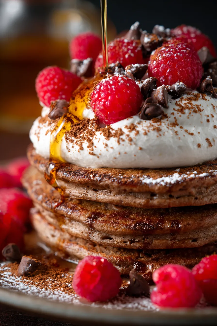 fluffy chocolate pancakes closeup