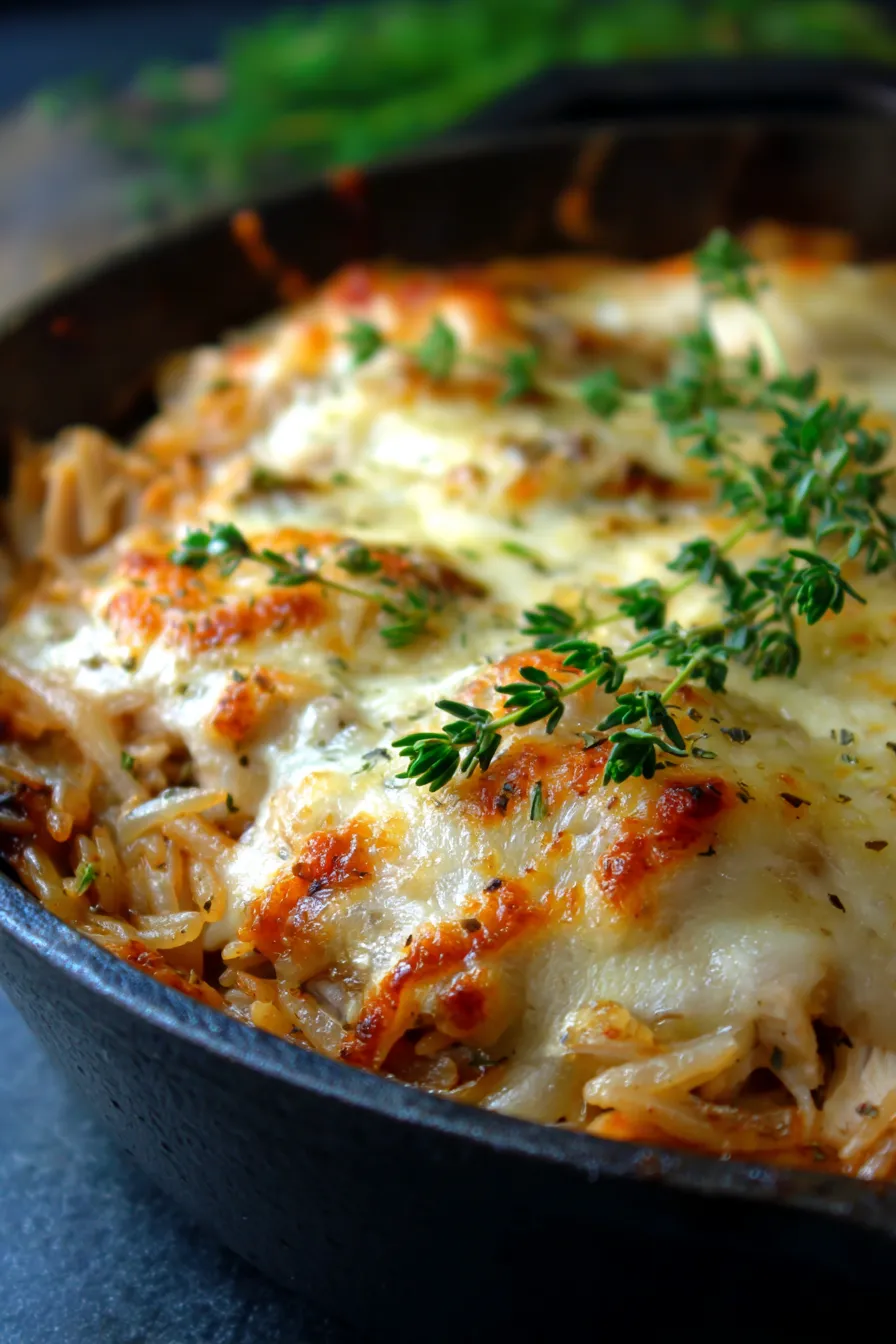 French Onion Chicken Orzo Casserole (Cozy Baked Dinner)-golden-bubbly
