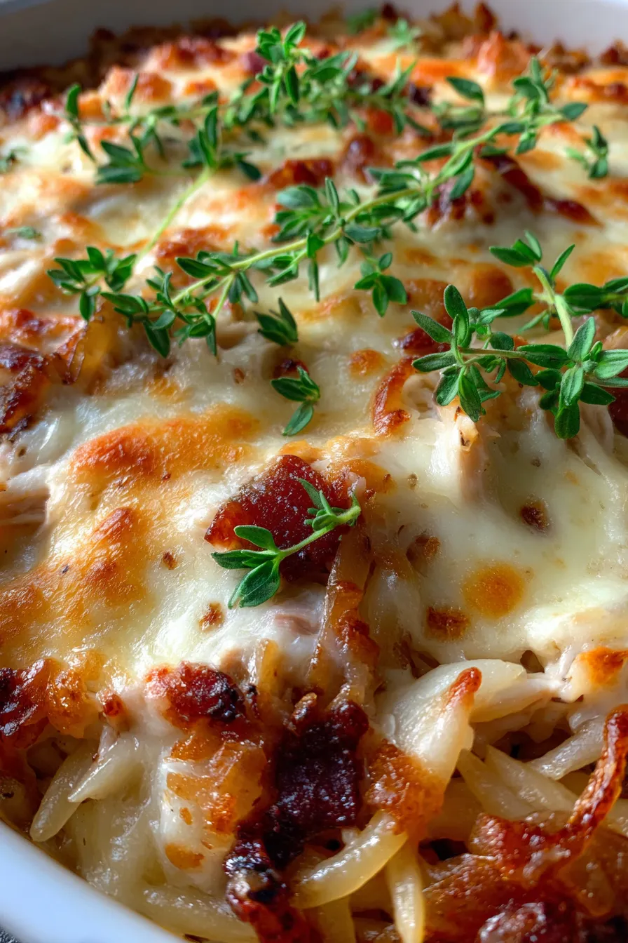 French Onion Chicken Orzo Casserole (Cozy Baked Dinner)-texture-closeup
