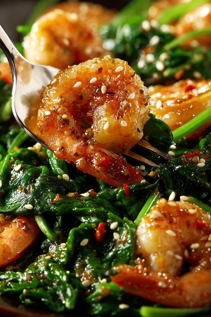 Garlic shrimp stir fry overhead shot