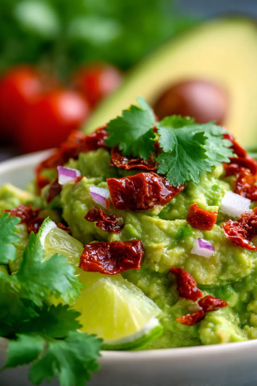 Guacamole with Sun-Dried Tomatoes-served-chips
