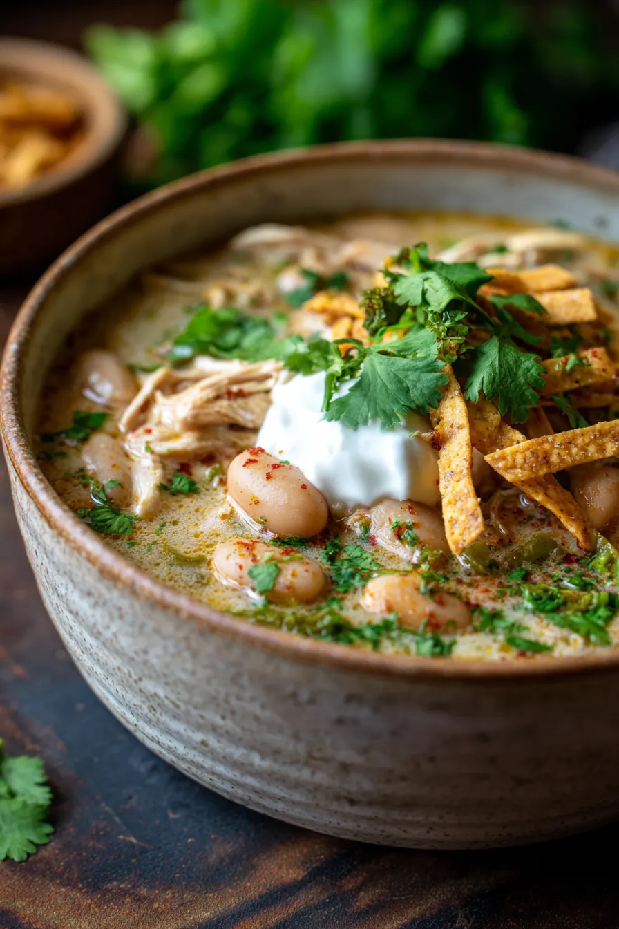 High-Protein White Chicken Chili-simmering-pot-closeup