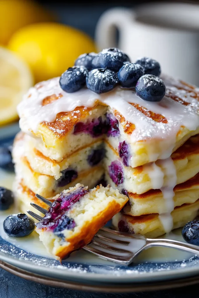 Fluffy Lemon Blueberry Pancakes with Easy Vanilla Glaze