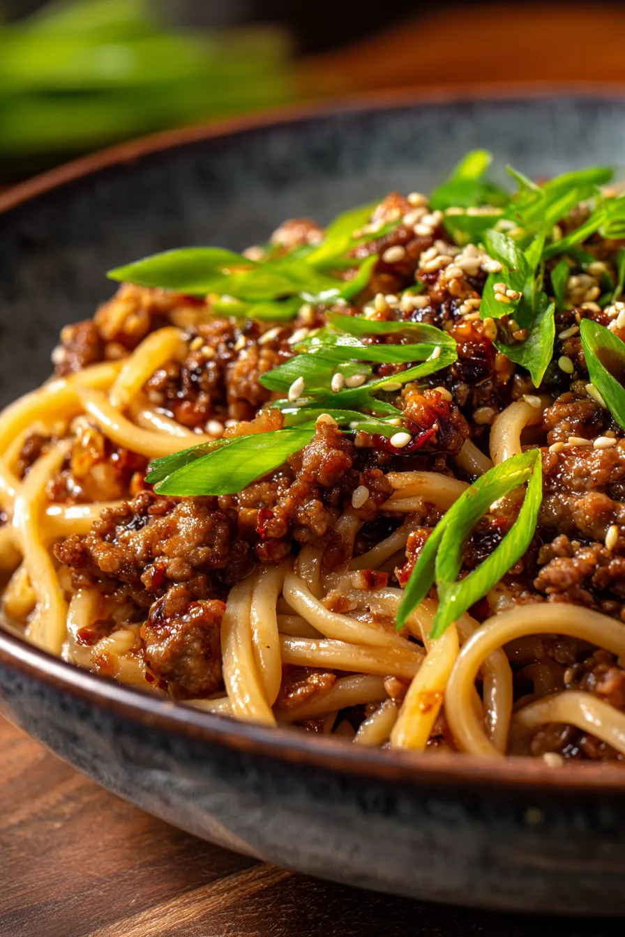 Mongolian Ground Beef Noodles steaming bowl with green onions