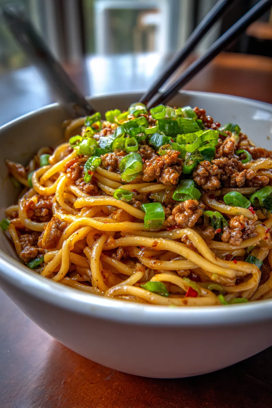Mongolian Ground Beef Noodles – Sweet and Savory Comfort Dinner-serving-bowl-closeup