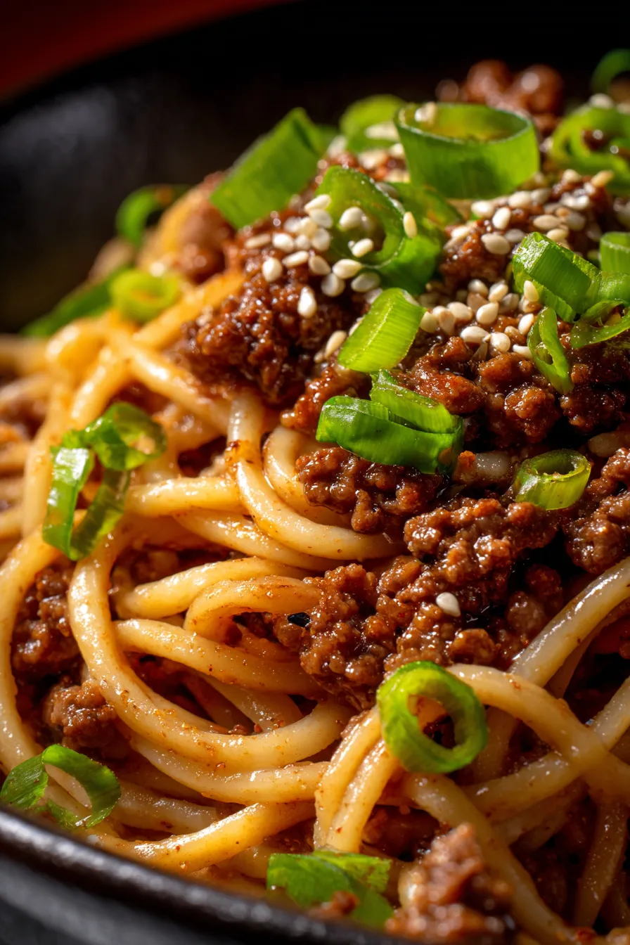 Mongolian Ground Beef Noodles with sauce glistening closeup