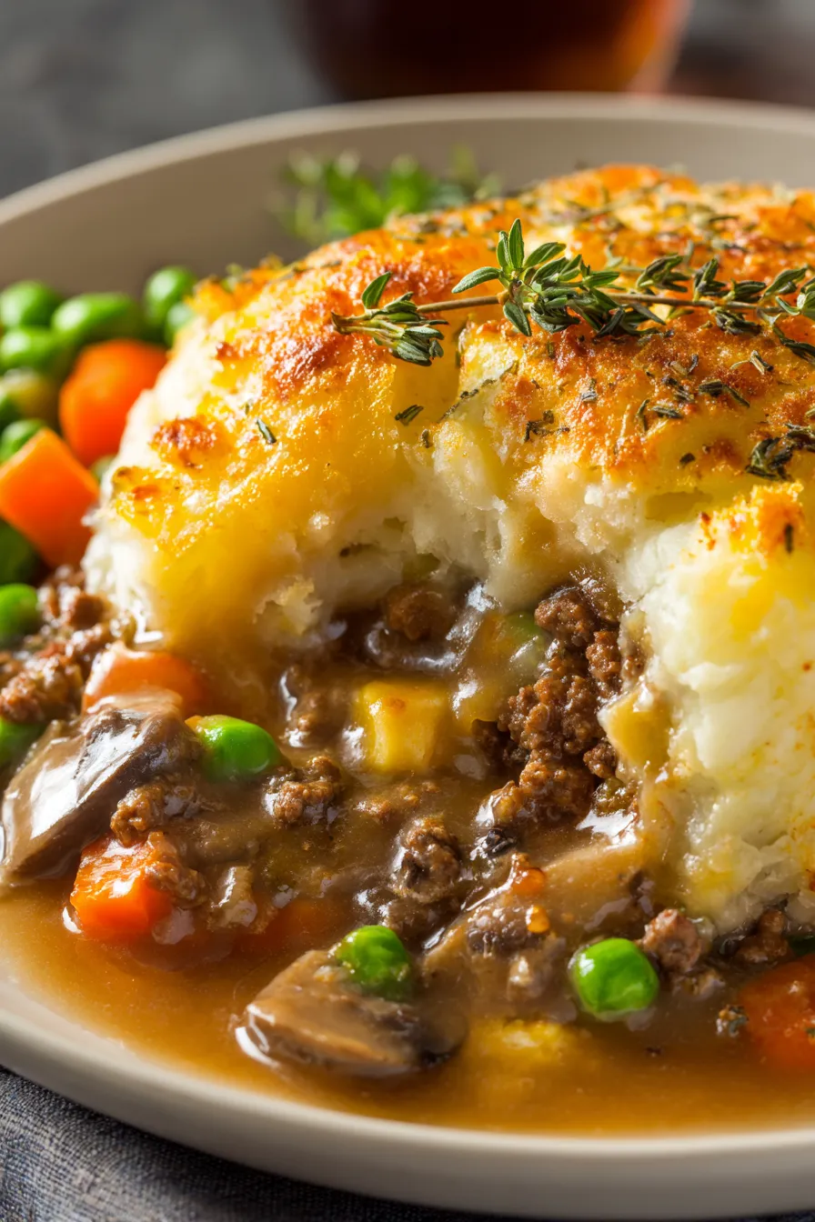 mushroom gravy pouring over pie slice