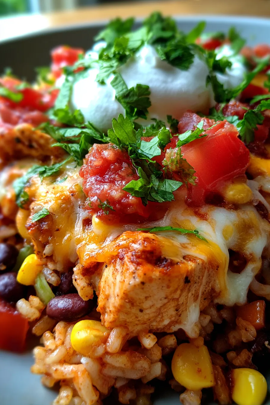 One-Pan Chicken Burrito Casserole-texture-cheesy-closeup