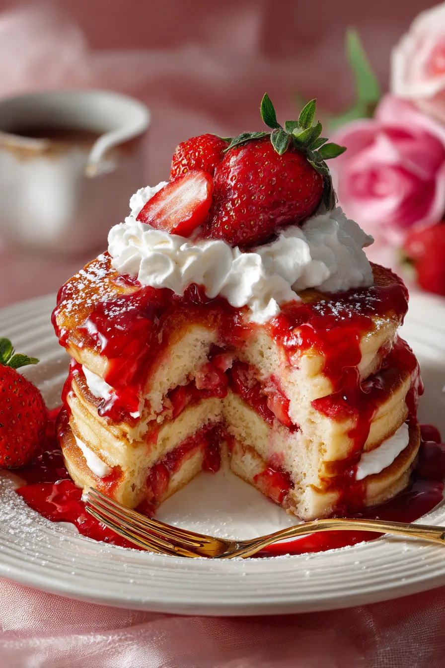 Pancake batter pouring on griddle-strawberries-closeup