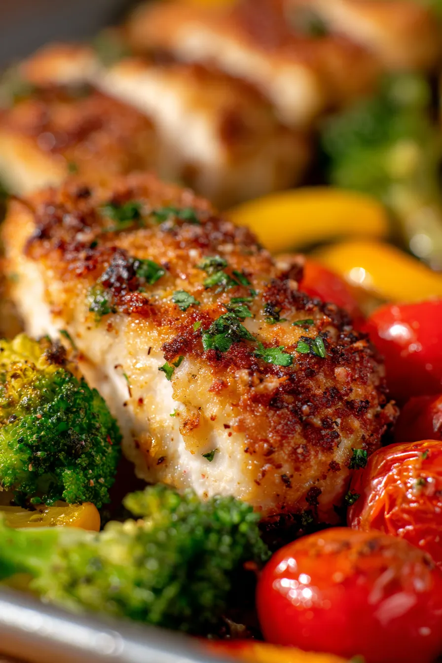 Parmesan Crusted Chicken Sheet Pan Dinner-overhead-colorful
