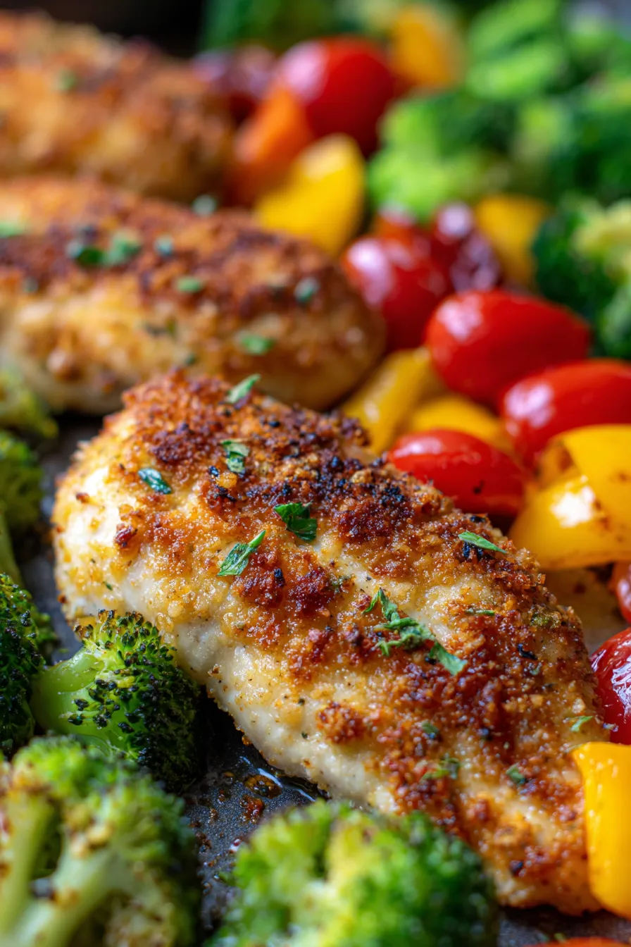 Parmesan Crusted Chicken Sheet Pan Dinner-plated-close-up