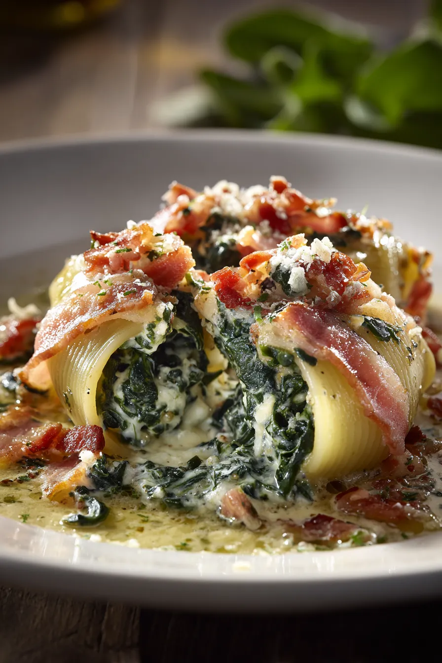 Pasta dish with bacon closeup