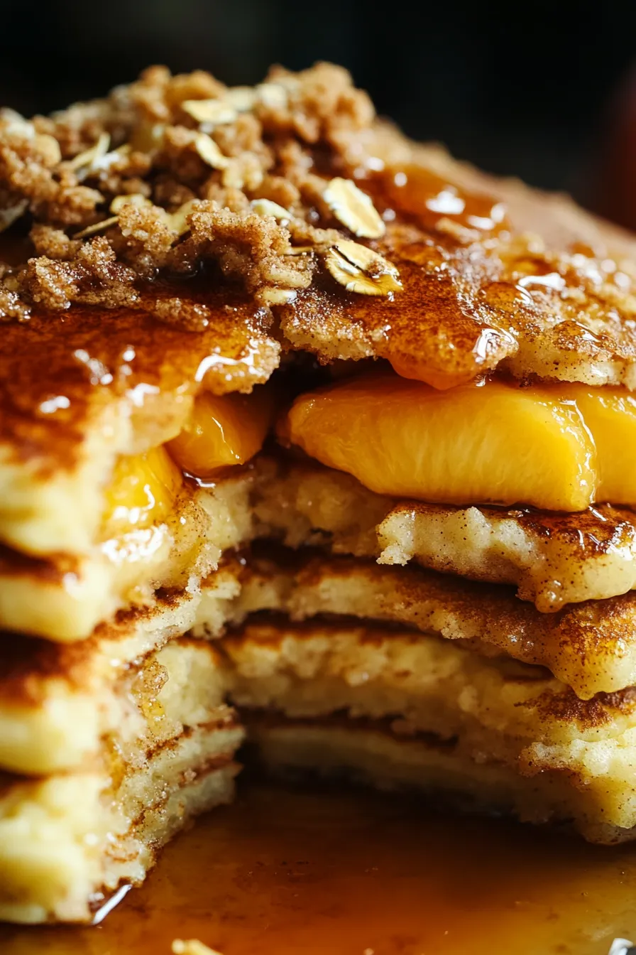 peach pancakes streusel closeup