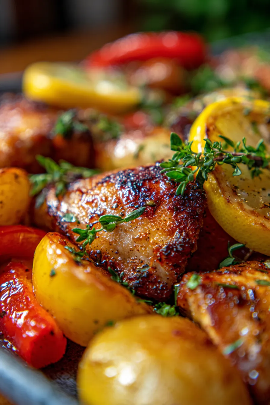 roasted chicken potatoes bell peppers-texture-closeup