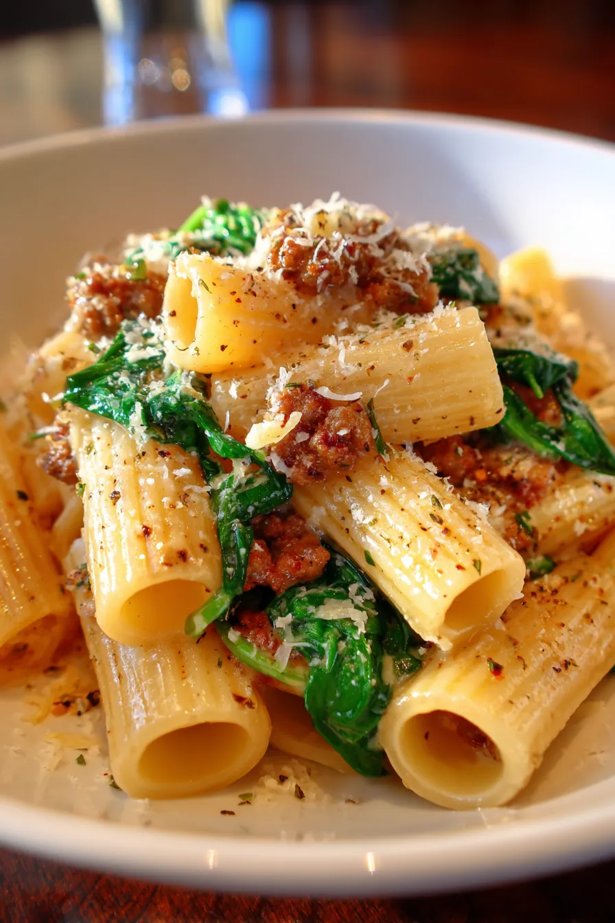 Sausage rigatoni with vibrant green spinach and garlic being served