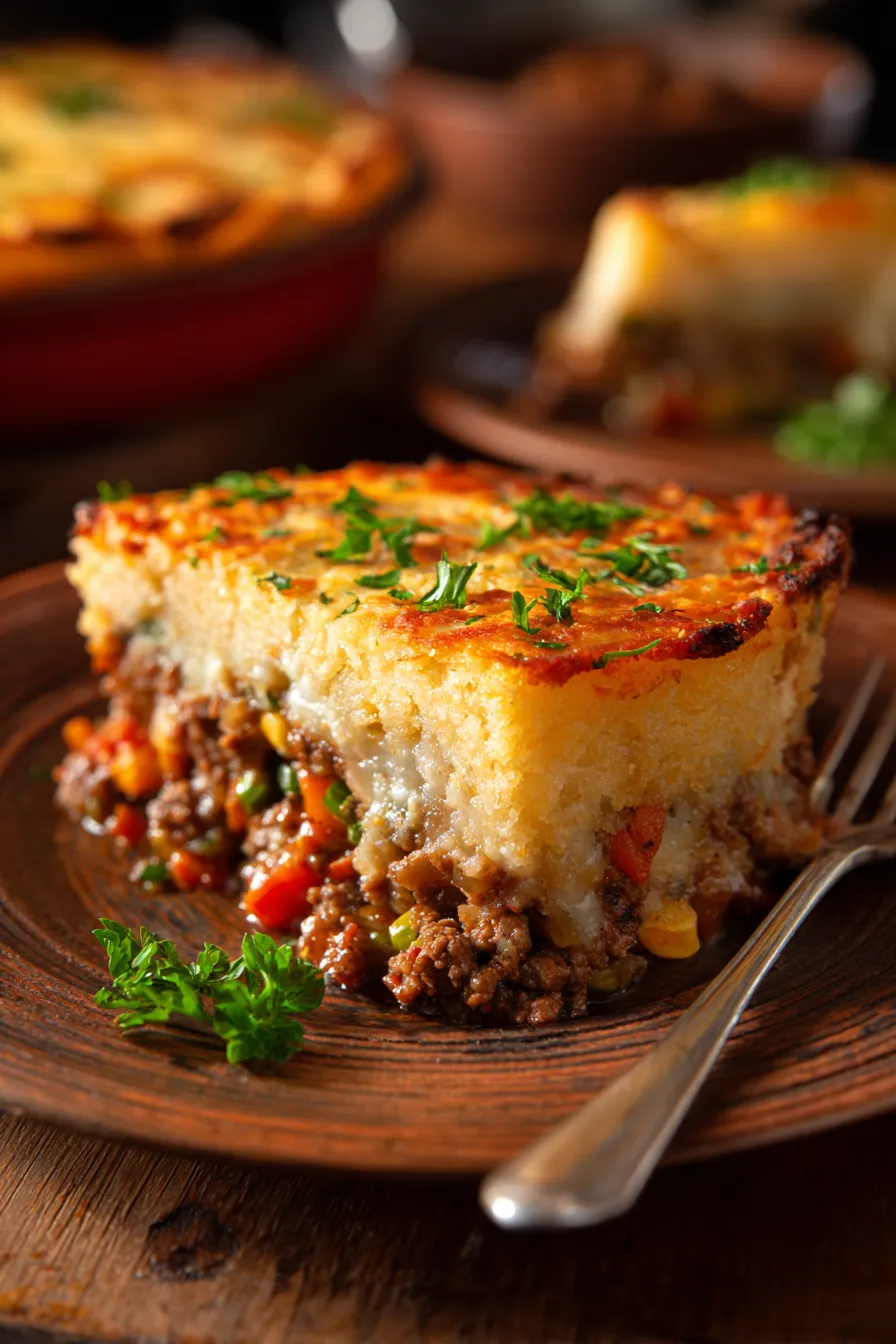 Shepherd’s Pie with Cornbread Crust-slice serving-filling texture-closeup