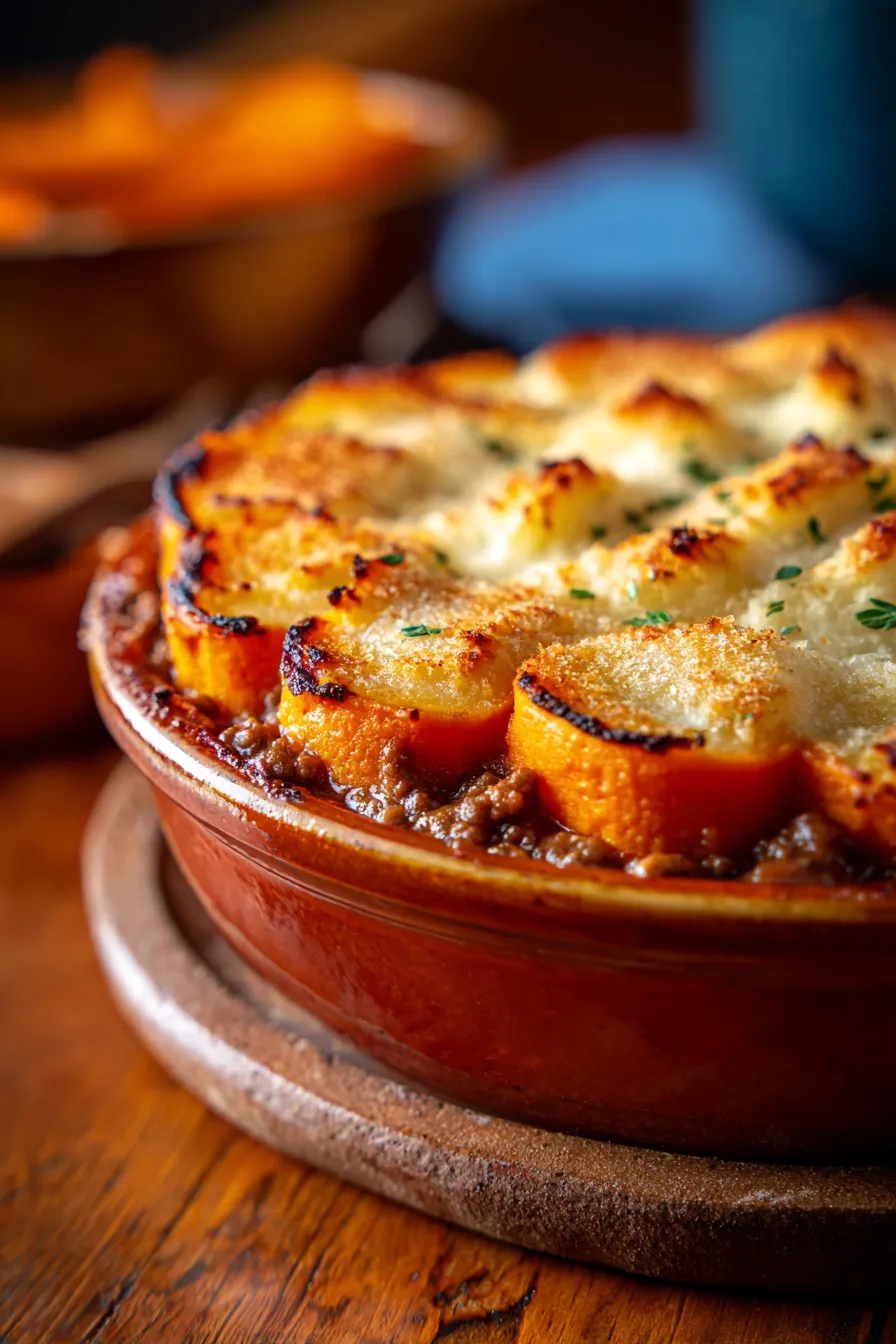 Shepherd’s Pie with Maple Sweet Potatoes-close up-crispy topping