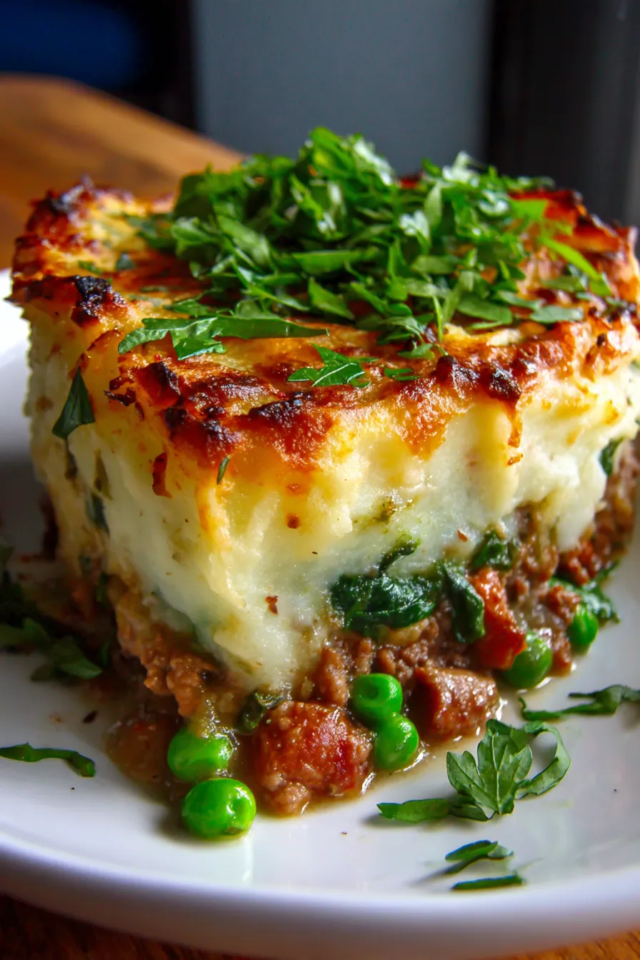Shepherd’s Pie with Spinach & Peas-slice-creamy mash
